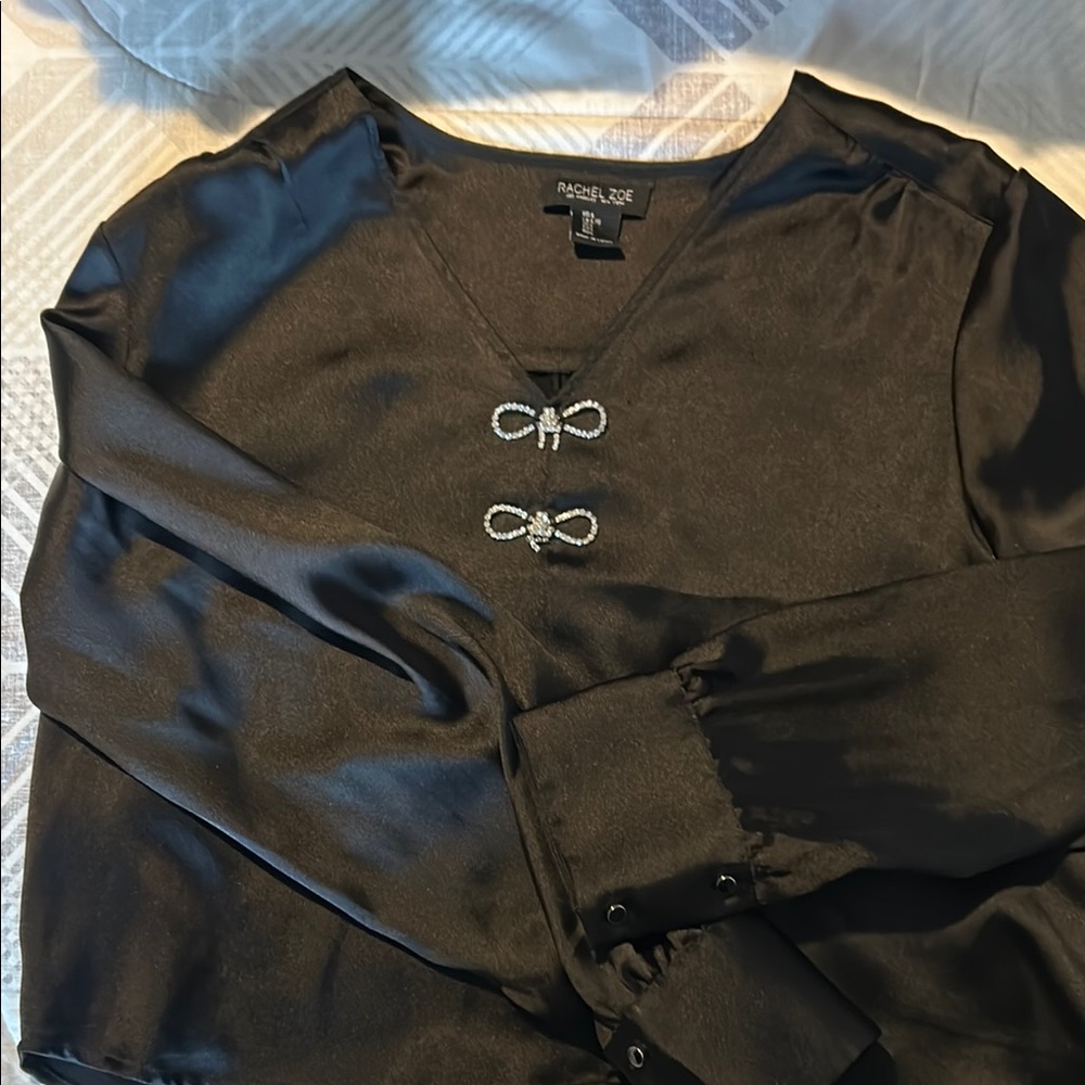 Black Satin Blouse with Silver Accents